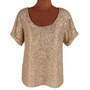 Mia Joy by Joyfolie Jaycee Top Women's M Gold Sequin Short Sleeve Blouse NWT